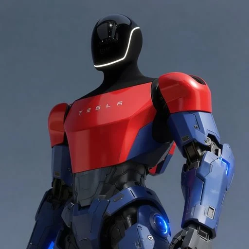 A humanoid robot with a glossy black head and white light strip, a red chest panel and blue armoured limbs with glowing blue joints